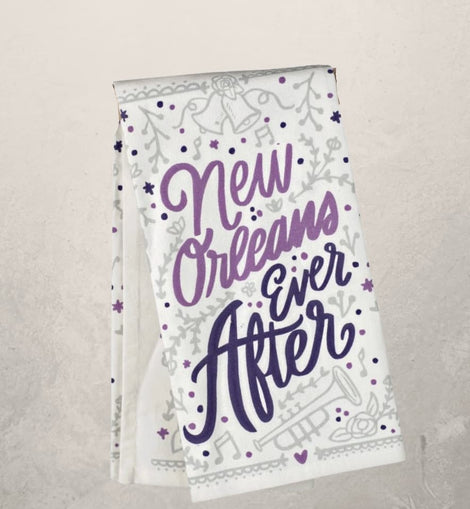 white tea towel with purple New Orleans Ever After design