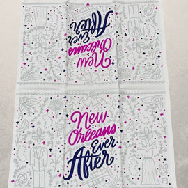 white tea towel with purple New Orleans Ever After design