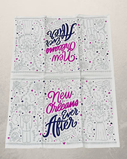 white tea towel with purple New Orleans Ever After design
