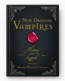 New Orleans Vampires History and Legend book by Marita Woywod Crandle with black cover, gold lettering, and red wax seal.