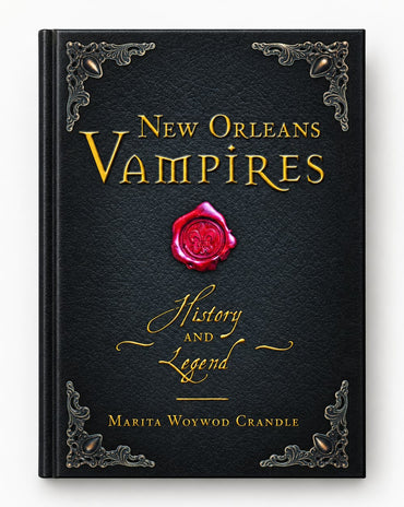 New Orleans Vampires History and Legend book by Marita Woywod Crandle with black cover, gold lettering, and red wax seal.