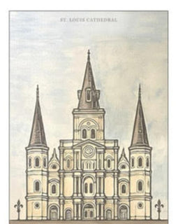 Illustration of St. Louis Cathedral with three towers on a plain background
