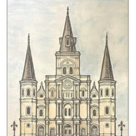 Illustration of St. Louis Cathedral with three towers on a plain background