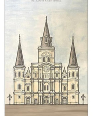 Illustration of St. Louis Cathedral with three towers on a plain background