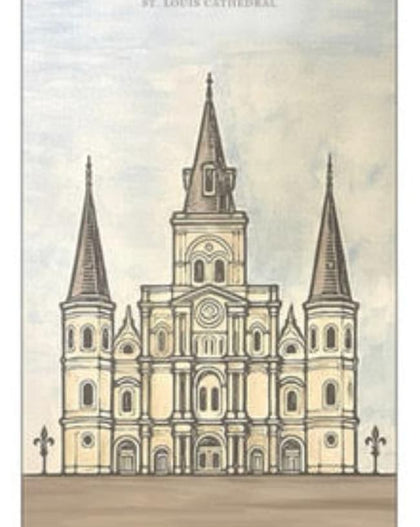 Illustration of St. Louis Cathedral with three towers on a plain background