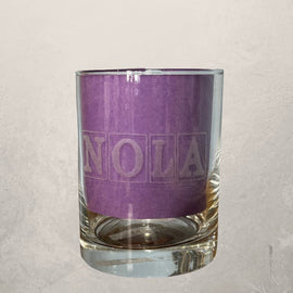 etched rocks glass with NOLA tile lettering design, New Orleans whiskey and cocktail glass