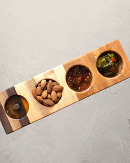 Oh Cher sampler tray made from mixed hardwood, slim serving tray for dips, olives, and nuts, perfect for charcuterie boards