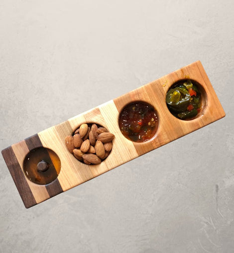 Oh Cher sampler tray made from mixed hardwood, slim serving tray for dips, olives, and nuts, perfect for charcuterie boards