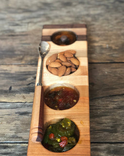 Oh Cher sampler tray made from mixed hardwood, slim serving tray for dips, olives, and nuts, perfect for charcuterie boards