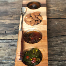 Oh Cher sampler tray made from mixed hardwood, slim serving tray for dips, olives, and nuts, perfect for charcuterie boards