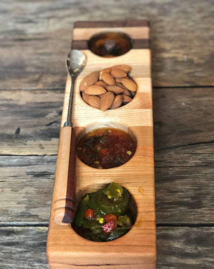 Oh Cher sampler tray made from mixed hardwood, slim serving tray for dips, olives, and nuts, perfect for charcuterie boards
