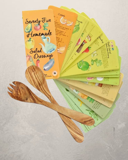 olive wood salad servers with homemade salad dressing recipe card set