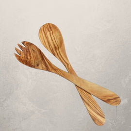 olive wood salad server set with spoon and fork crossed