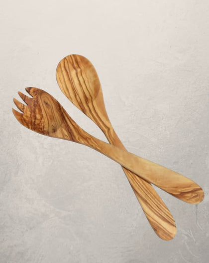 olive wood salad server set with spoon and fork crossed