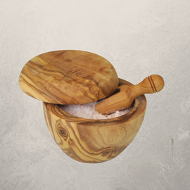 olive wood salt cellar with lid and scoop, small wooden bowl for salt and spices with natural grain pattern