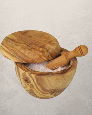 olive wood salt cellar with lid and scoop, small wooden bowl for salt and spices with natural grain pattern