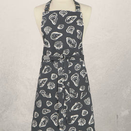 charcoal gray oyster print chef apron with shell pattern
