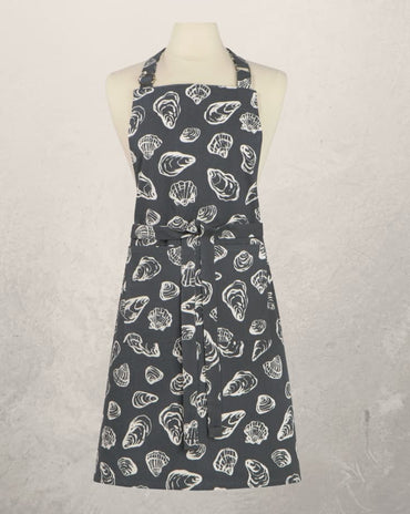 charcoal gray oyster print chef apron with shell pattern