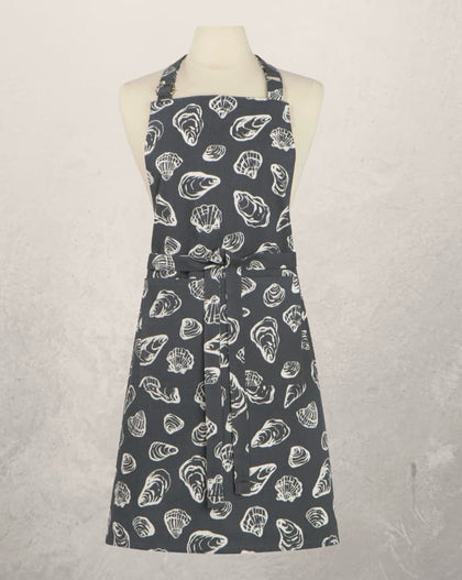 charcoal gray oyster print chef apron with shell pattern