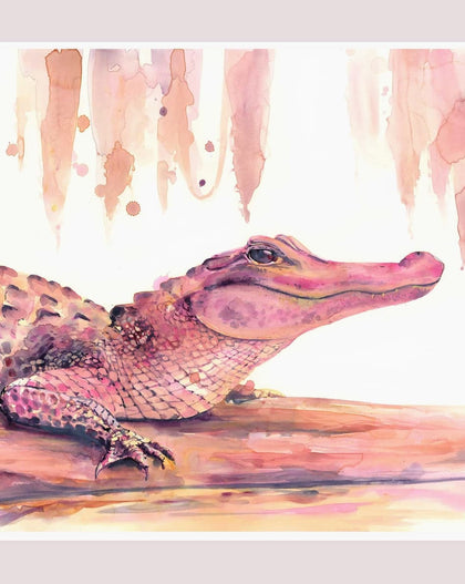 Colorful illustration of a baby alligator on a branch with watercolor background