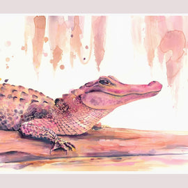 pink watercolor alligator art print on white background