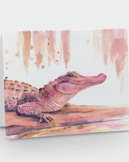 pink watercolor alligator greeting card on white background