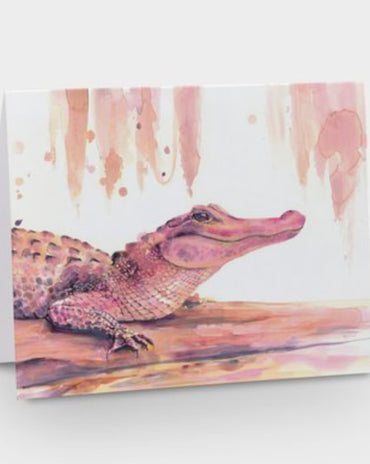 pink watercolor alligator greeting card on white background