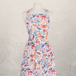 cotton apron with colorful seafood print including crabs shrimp and shells