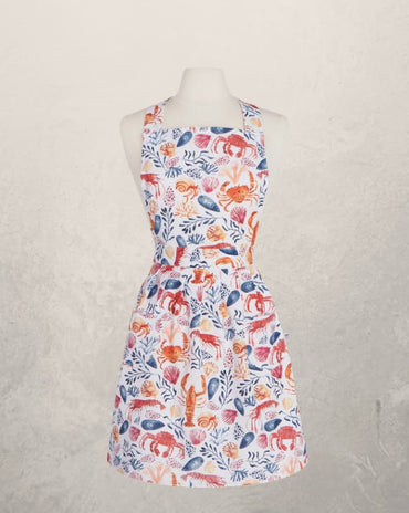 cotton apron with colorful seafood print including crabs shrimp and shells