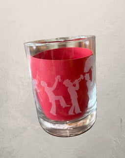 etched rocks glass with second line parade design, New Orleans whiskey glass for cocktails