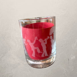 etched rocks glass with second line parade design, New Orleans whiskey glass for cocktails