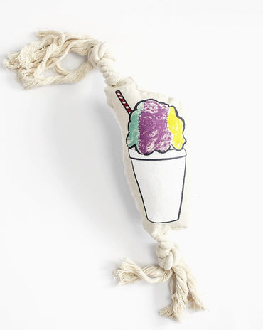 snowball themed dog toy with rope ends and squeaker