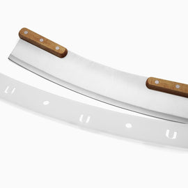 Stainless steel pizza rocker with artisan-style acacia wood handle and clear edge protector, 13-inch blade