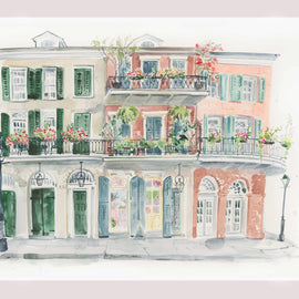 watercolor painting of French Quarter building with flowers and balconies in spring