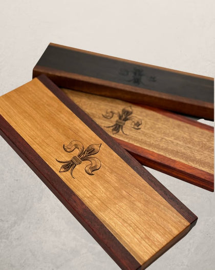 Tracks accoutrement board made from mixed hardwood, slim board designed for olives, jams, and layering with charcuterie boards