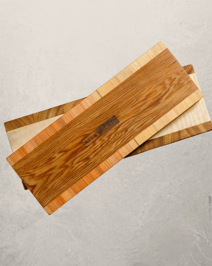 Tracks accoutrement board made from mixed hardwood, slim board designed for olives, jams, and layering with charcuterie boards