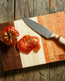 Trinity cutting board with three-panel design in cherry, maple, or walnut, inspired by New Orleans holy trinity ingredients