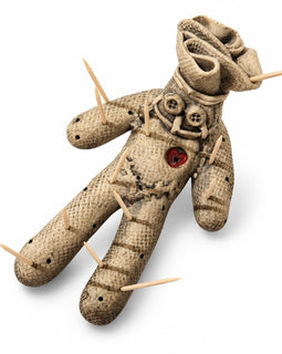 Weathered voodoo doll toothpick holder with button details, red heart accent, and wooden toothpicks.