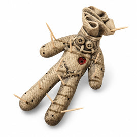 Weathered voodoo doll toothpick holder with button details, red heart accent, and wooden toothpicks.