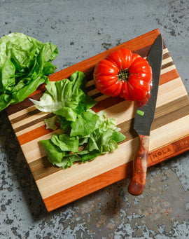 Wild Chop Itoulas Cutting Board with lettuce, tomato and a knife