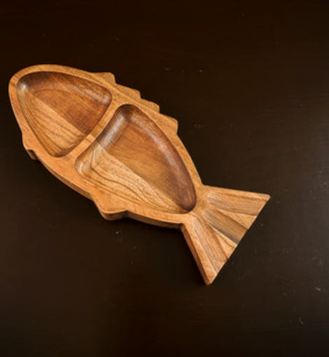 Handcrafted wooden fish-shaped tray with two serving sections and natural wood finish