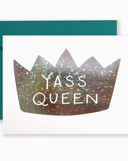 Greeting card with hand-lettered “Yass Queen” text in bold style, shown with kraft envelope